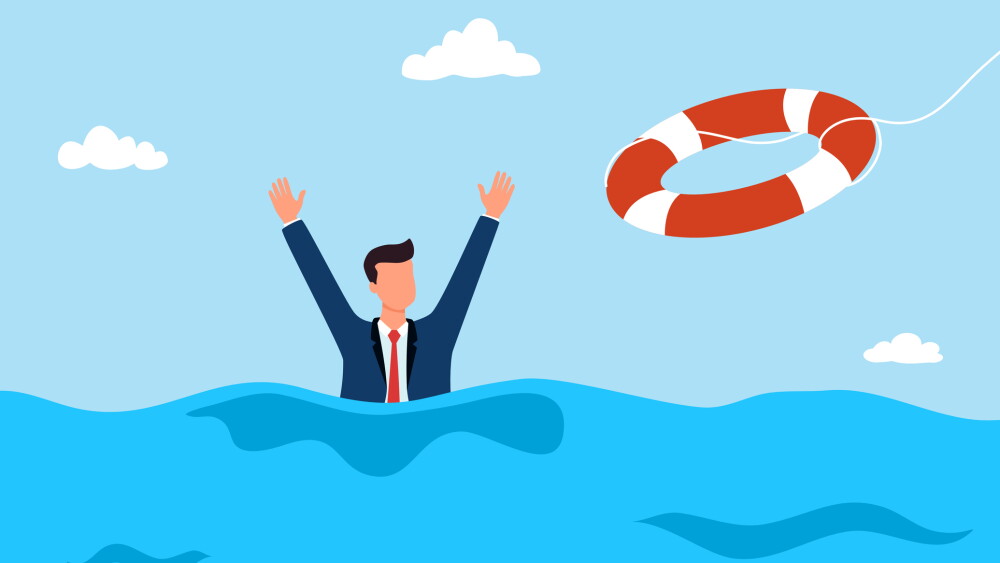 Drowning businessman hand in water getting lifebuoy from another businessperson helping business to survive support rescue concept.