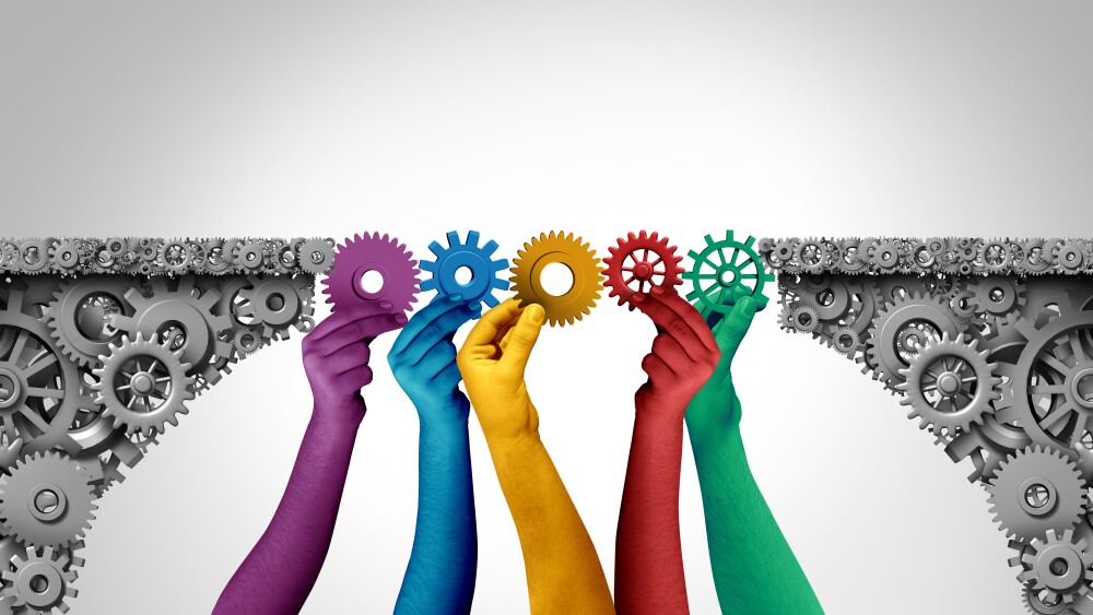 Business meeting idea and planning with strategy as a corporate concept with a mechanical wheel bridge as diverse multiracial businesspeople joining together as a symbol for people diversity and success with 3D render elements.