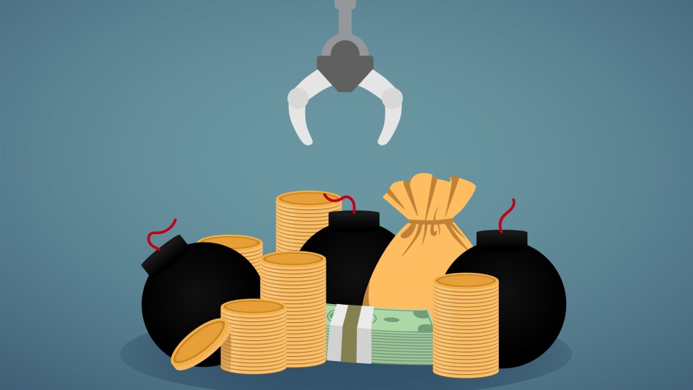 Robotic Claw grab money from a pile of money and bomb.take risk. Grip robotic claw in factory. claw Arcade game put money and coin.claw game device. toy cranes claw machine.