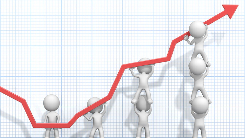 Dude 3D characters X7 business people pushing up Red Graph. Light Blue 3D Grid background.