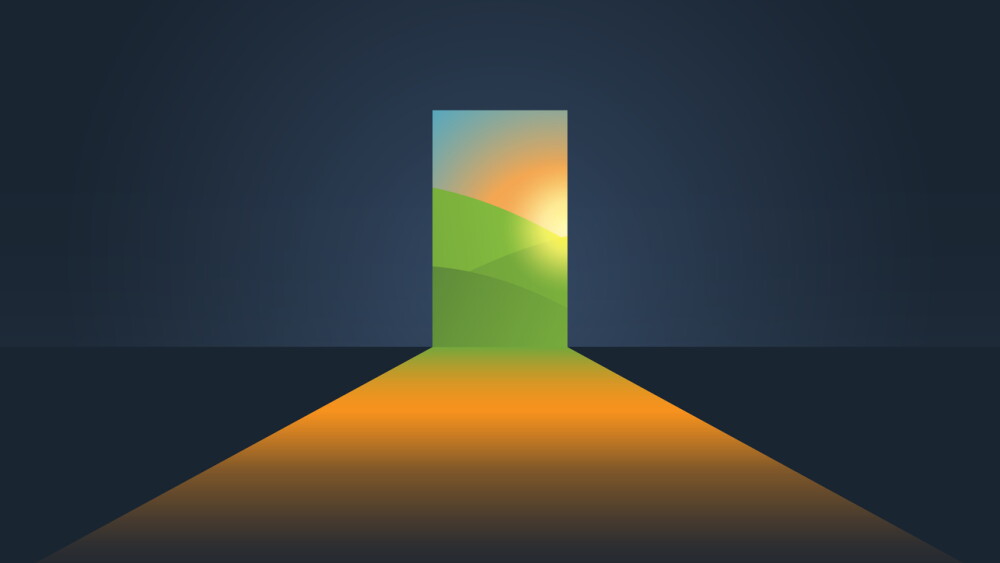 Illustration of dark room opening into outdoors with sun peeking out