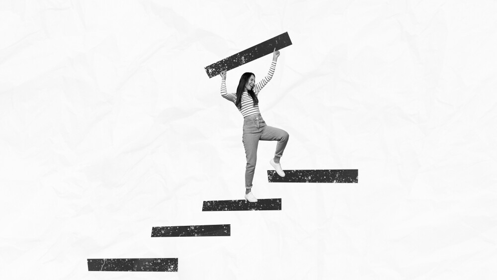Photo collage of happy businesswoman funny person building stairs way success achieve goals to increase income isolated on white background.