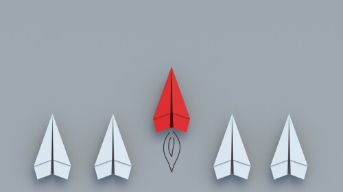 Staying ahead of your competitors. Accelerated development of the company. Innovation vision. Customized solution. Unique skills. Red paper plane and whites. 3d render