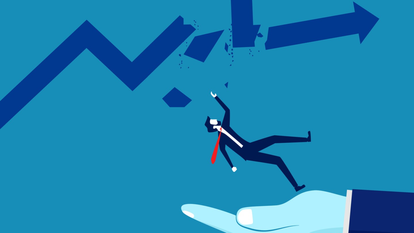 Business consultant. Hands help a businessman is falling from a graph vector