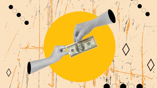 Collage of a man hand giving a one hundred dollar bill to a woman hand on a yellow circle on a beige scratched background