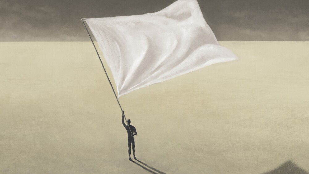Illustration of man waving big white flag, surreal abstract concept