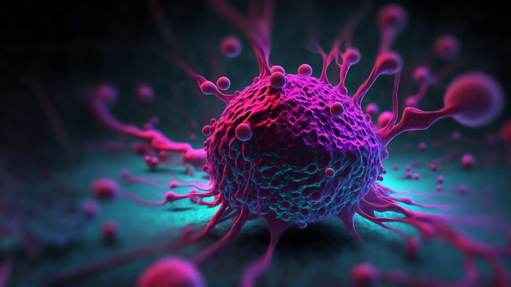 Tumor microenvironment concept with cancer cells, T-Cells, nanoparticles, cancer associated fibroblast layer of tumor microenvironment normal cells, molecules, and blood vessels 3d rendering