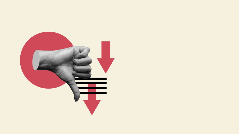 Contemporary art collage showing a hand giving a thumbs down surrounded by red arrows pointing down, concept of negative feedback and bad review