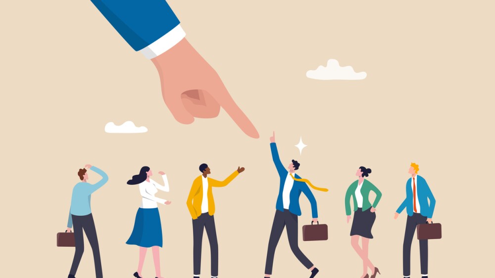 Illustration showing businessman pointing at chosen job candidate from among group of candidates