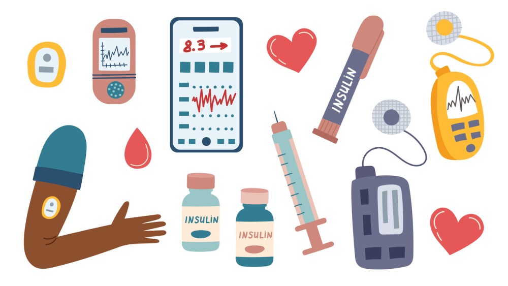 Concept of diabetes control and healthcare. Medical equipment set for measuring sugar level and insulin injections. Insulin pumps, glucometer, phone, insulin, syringe and human hand.