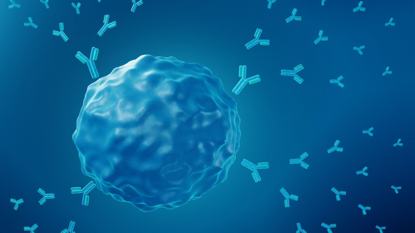 3D illustartion of a B-cell producing and releasing antibodies