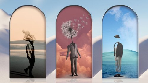 Pictured: A surreal landscape with human figures r