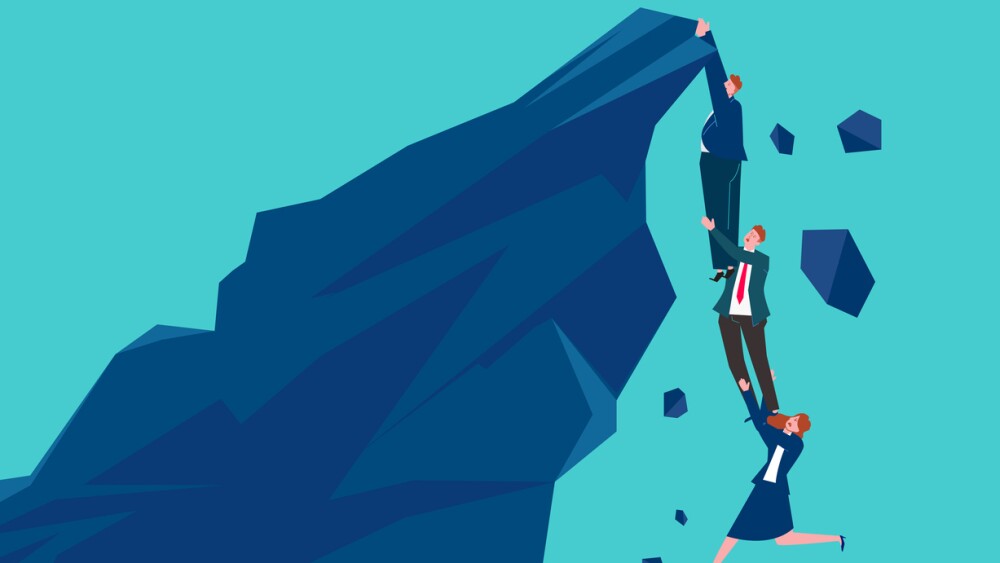 Illustration showing three businesspeople hanging on the edge of a cliff