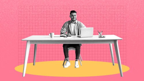 Pictured: Man working at desk over abstract background