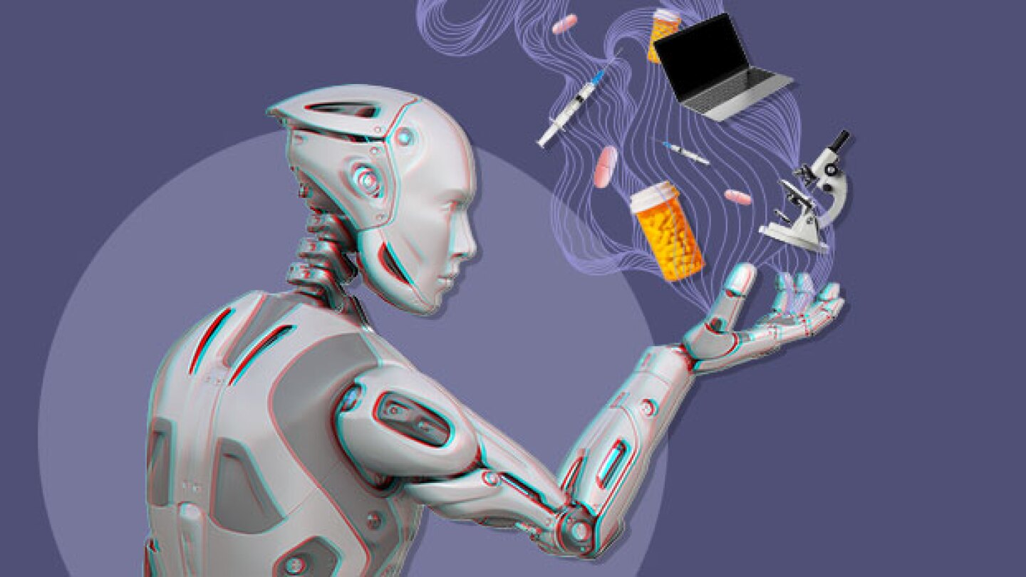 Pictured: AI robot holding biopharma-related items in hands