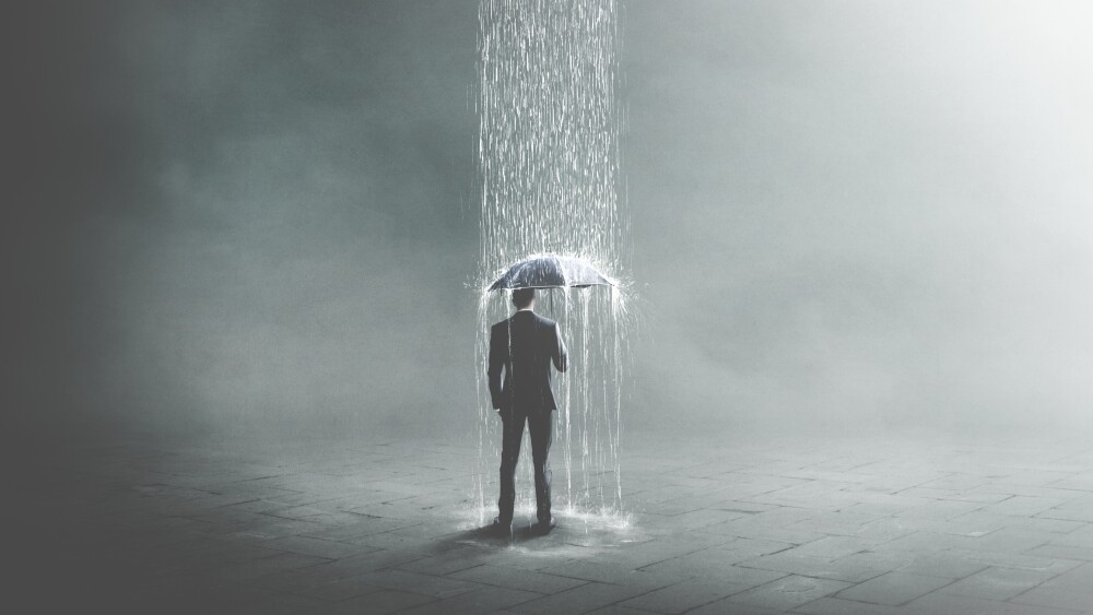 3D Illustration of unlucky business man under rain, surreal concept