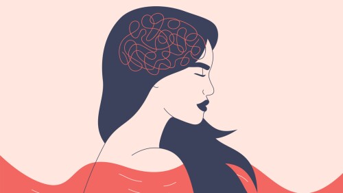 Depressed woman with flying hair stand in the choppy water. Lost girl feels frustrated and confused thinking. Concept of psychological problem, mental disease and brain illness. Vector illustration.