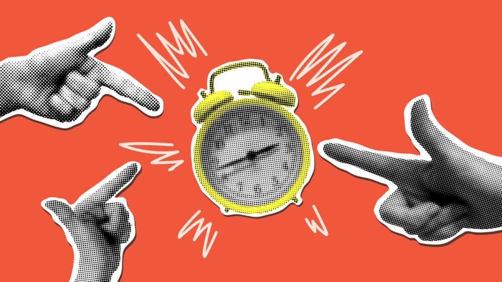 Illustration showing hands pointing to alarm clock