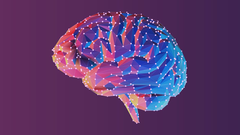 colorful low poly human brain vector illustration with wireframe and connected dots on purple illuminated background