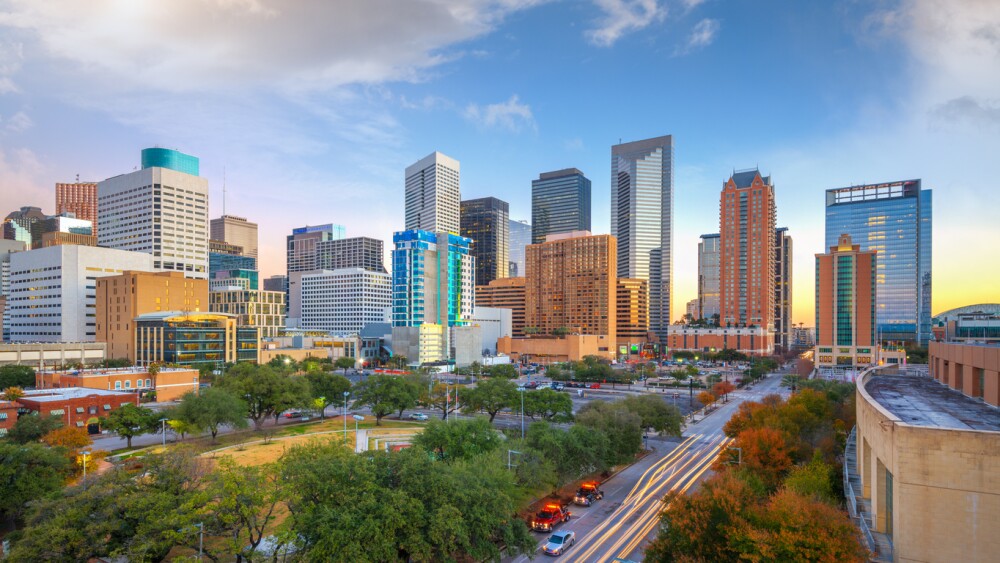 Image of Houston downtown park and skyline in the morning