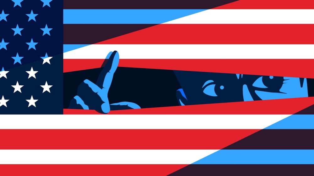 Man lurrking behind the american flag. USA default, financial crisis, political problems concept. Flat vector illustration.