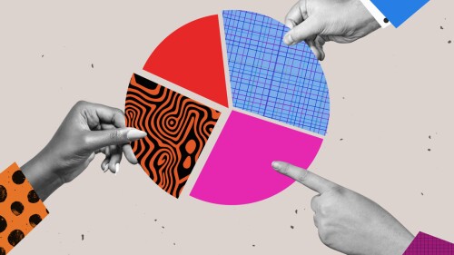 Human hands symbolizing teamwork working on a pie chart. Arms point fingers hold pieces diagram chart.