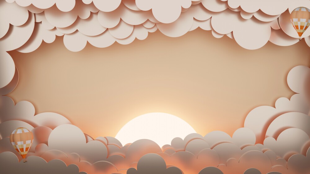 Balloons in the cloudy sky paper cutting art Sky background clouds, scene 3D illustration