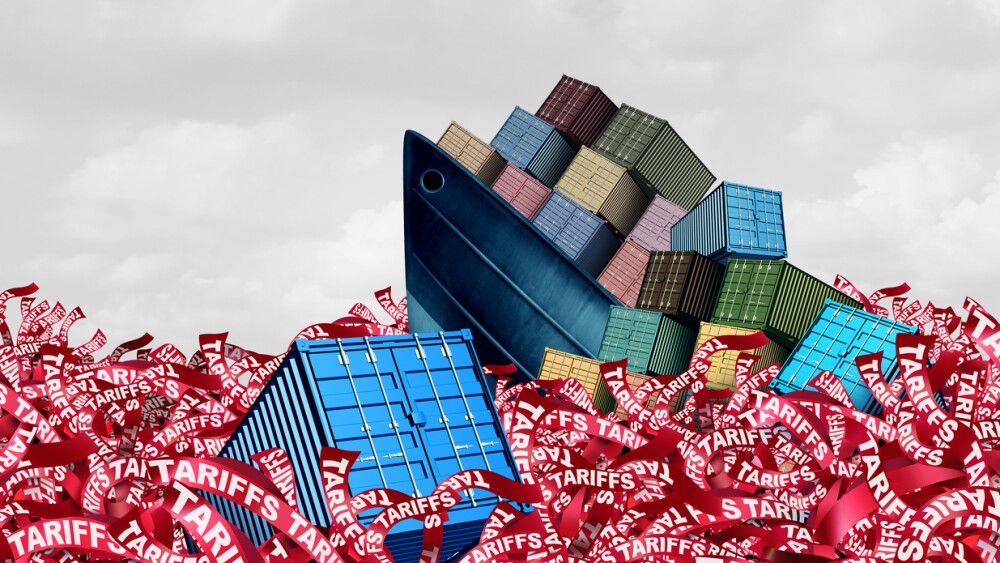 Tariff Trade Disaster and drowning with economic tariffs and market crash anxiety with government taxation or duties imposed on imports and exports on imported or exported goods as Protectionism.