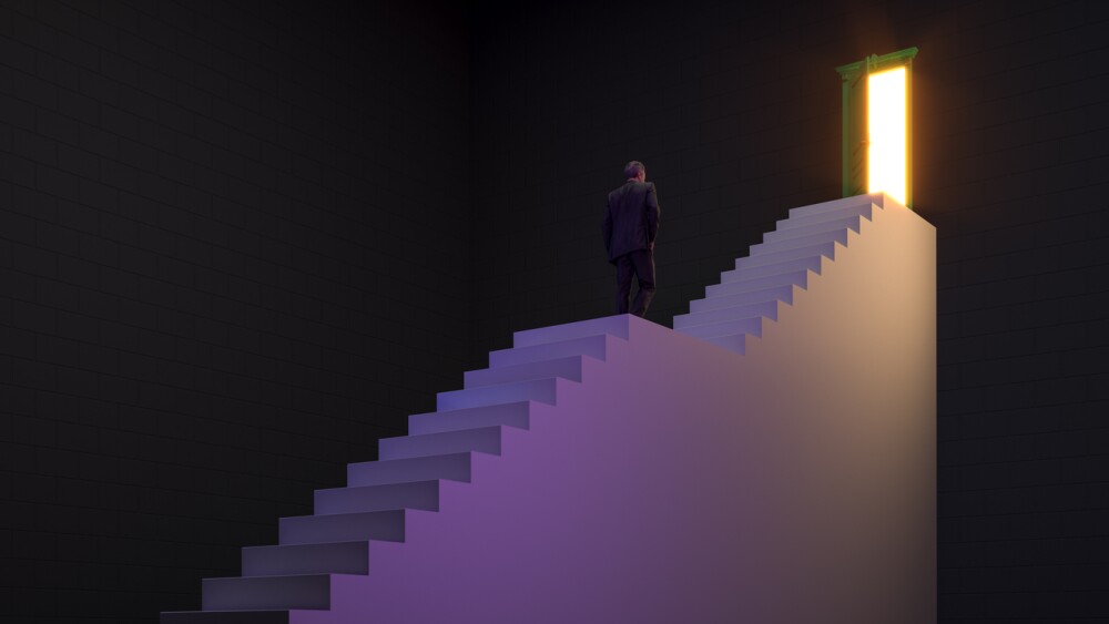 Businessman walking up on stairs to the door of opportunity for career development or business decision for new challenge, success and achievement concept, 3d rendering