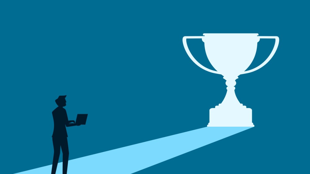 Opportunity of winning. man sees a illuminated trophy door. vector