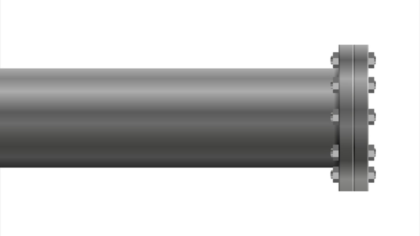 Metal pipe with empty flange covering the end. A PVC pipe with metal joins and flanges with bolts.