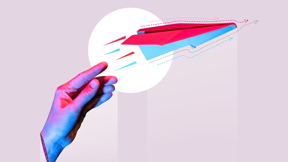 The person launches paper airplane. Art collage.