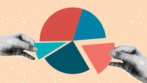 Halftone collage banner, hands and diagram. Retro colors, paper cut elements, concept of business, saving, finance.