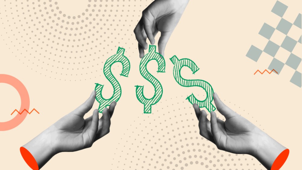 Crowdfunding concept with money icon and human hands in retro 80s collage mixed media vector illustration. Idea for financing business project, funding, philanthropy, cooperation, bank credit and startup development.