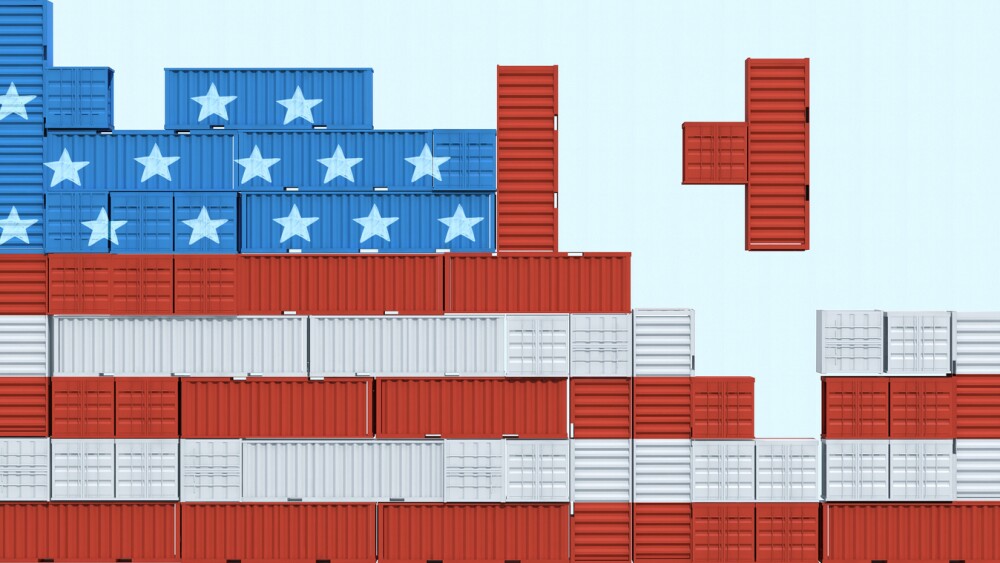 Concept 3d illustration of a collocated containers as though a computer game due to imports tariffs.