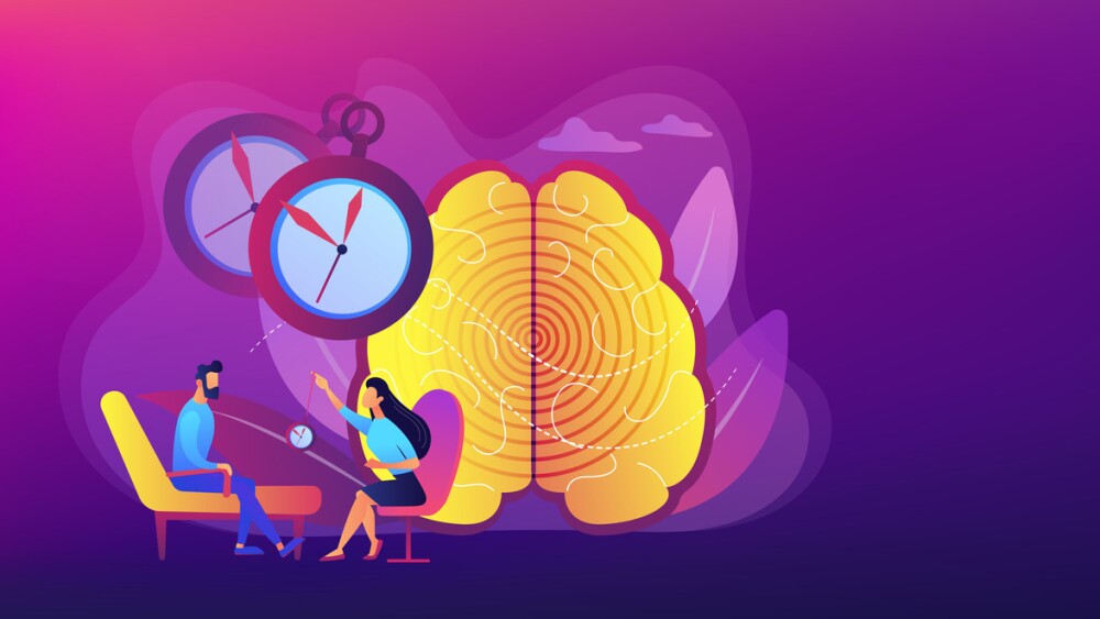 Hypnotherapy session, subconscious research. Psychiatrist assistance. Hypnosis practice, altered state of mind, hypnosis treatment services concept. Header or footer banner template with copy space.