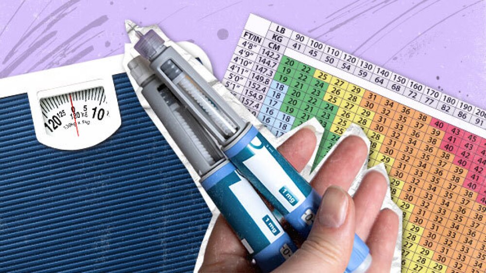 Pictured: A collage of injectable drugs, a scale and a BMI chart