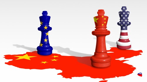 Chess made from China and EU, USA flags. Europe Union, USA and China relations