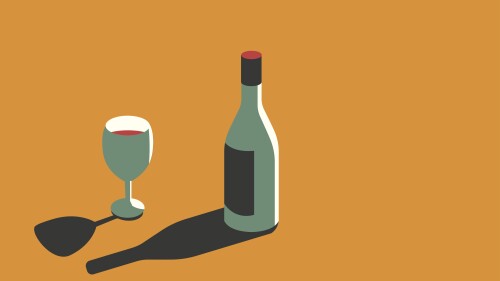 Vector illustration of a bottle of wine and a glass of wine on a yellow background in retro style.
