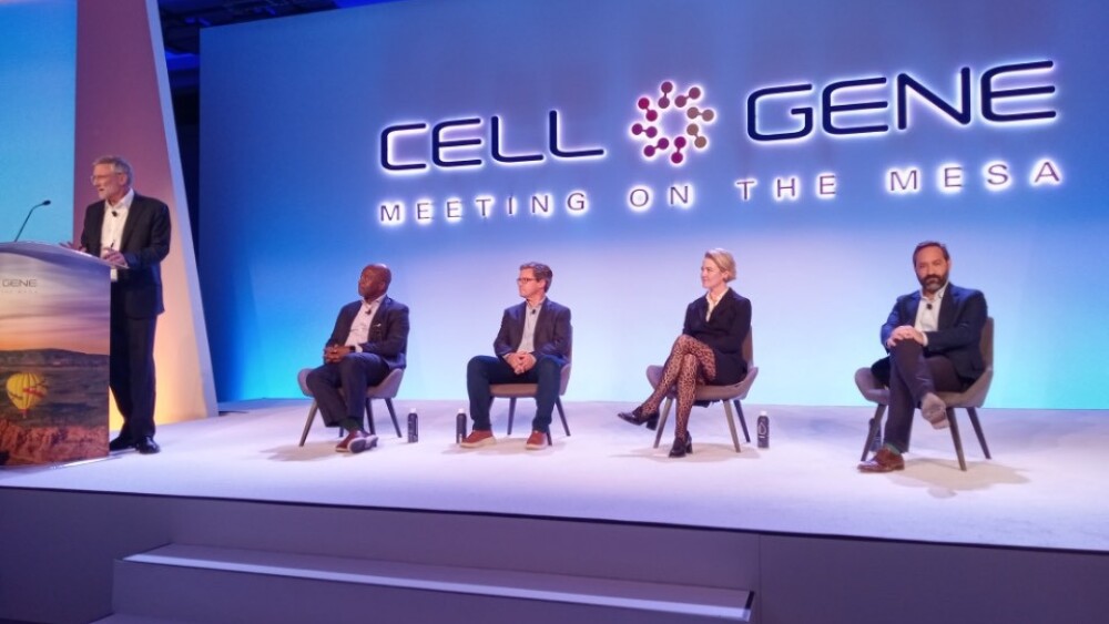 Matthew Durdy, chief executive of the Cell and Gene Therapy Catapult, speaks at 2024 Meeting on the Mesa at a session also involving (left to right) Pfizer’s Bert Bruce, Bayer Nuno Fontes’, BMS’ Magdalene Pedersen and Eli Lilly’s Manny Simons.