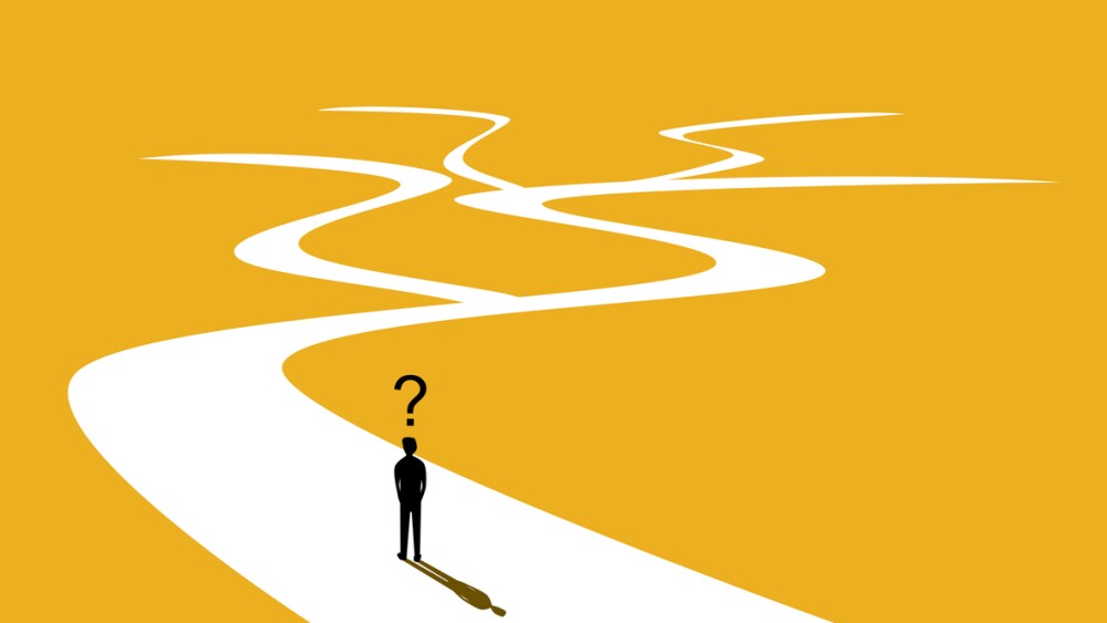 Business decisions. Businessman with question mark confused many roads vector