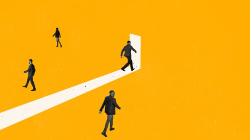 Contemporary art collage. Businessmen, employees walking into open door symbolizing new opportunities. Way to success. Concept of business, promotion, motivation, ambitions and ideas