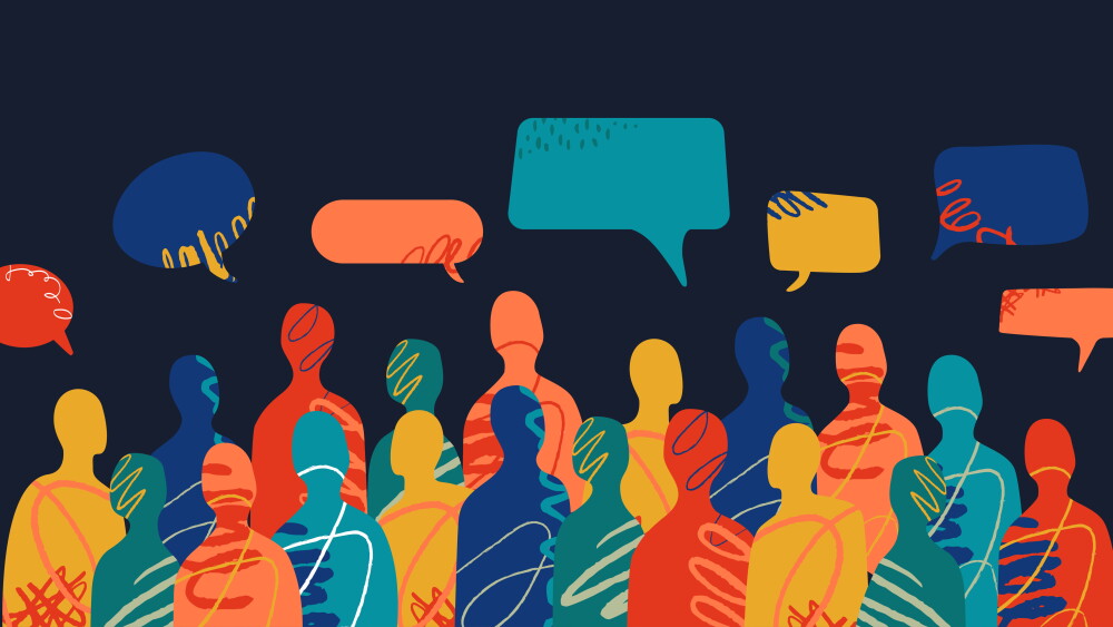 A crowd of abstract multicolored silhouettes of people and conversational bubbles above them, made in the style of a collage. A metaphor for society and cooperation.