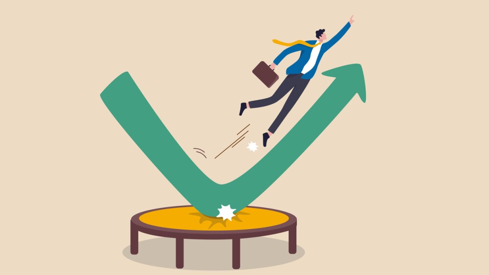 Stock market rebound, overcome business down fall and grow up profit or leadership and achievement concept, businessman jump bouncing high on trampoline with green rising up performance arrow graph.
