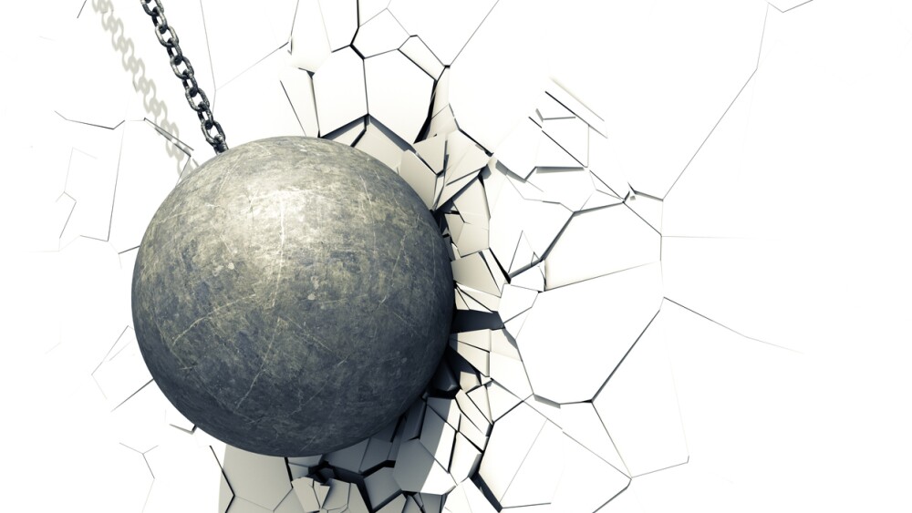 Wrecking Ball Shattering The White Wall. 3D Illustration.
