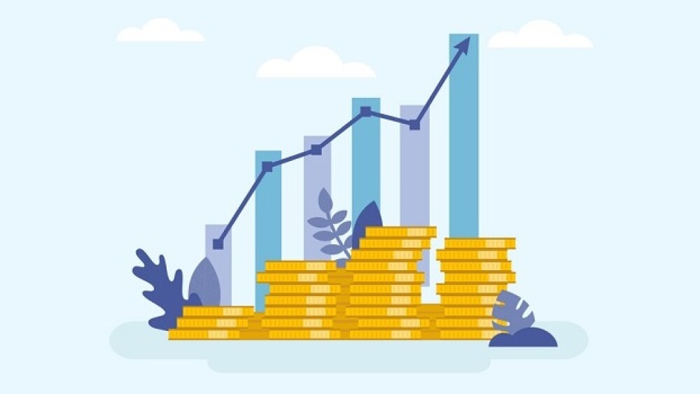 Pictured: Illustration of stacks of coins and a gr