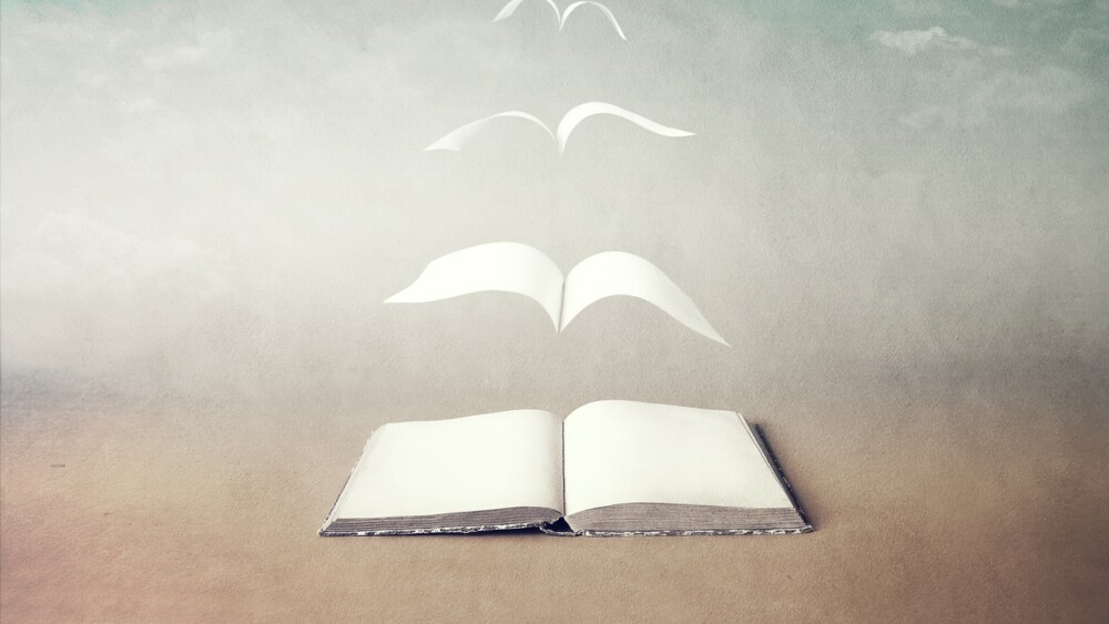 surreal book concept pages flying out of book