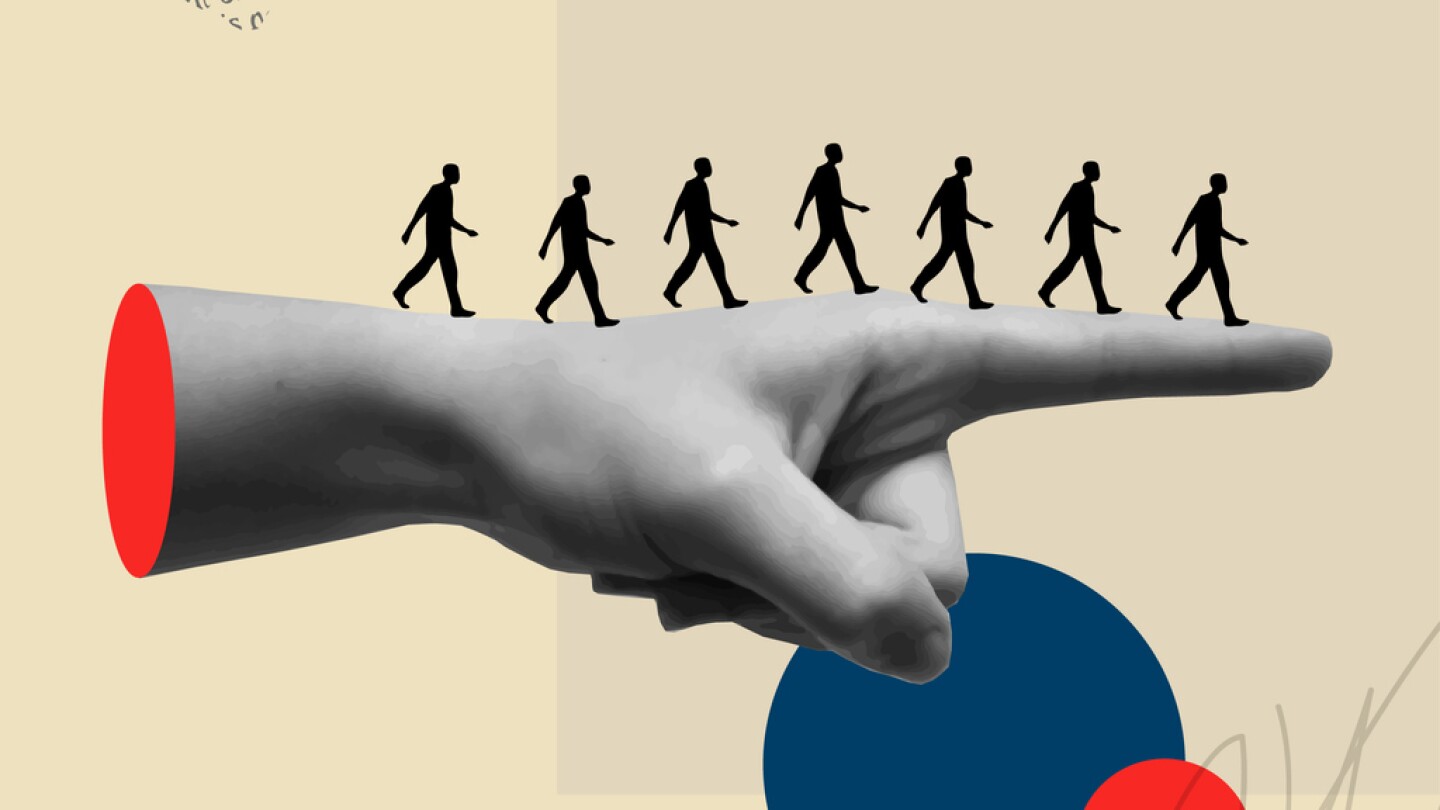 Illustration of people being let go with hand showing them to door