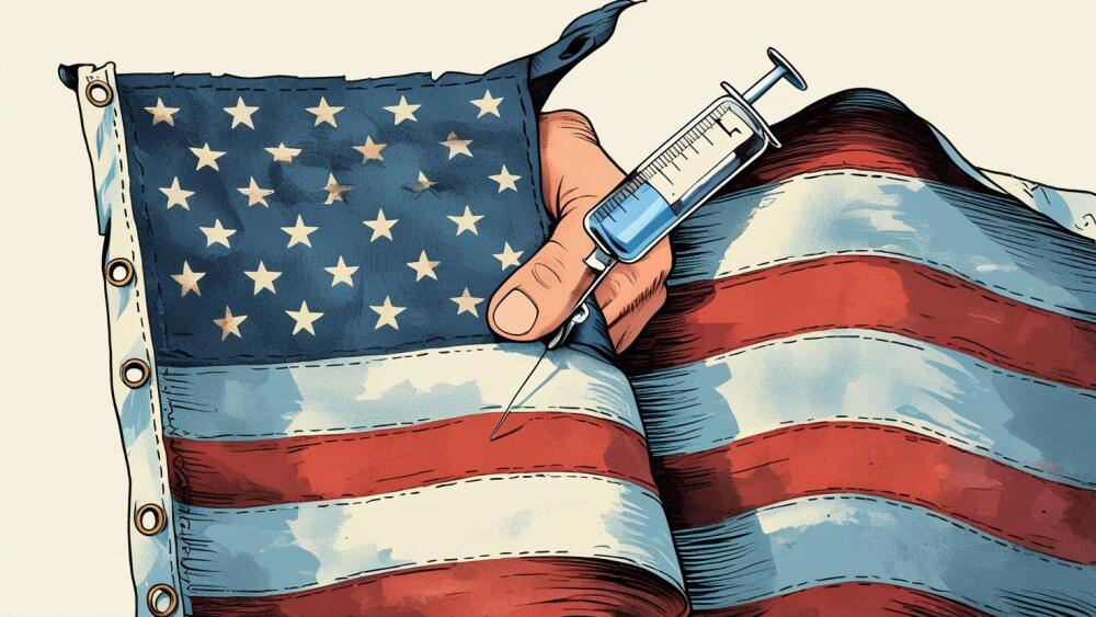 an illustration of an American flag being torn in half by a syringe