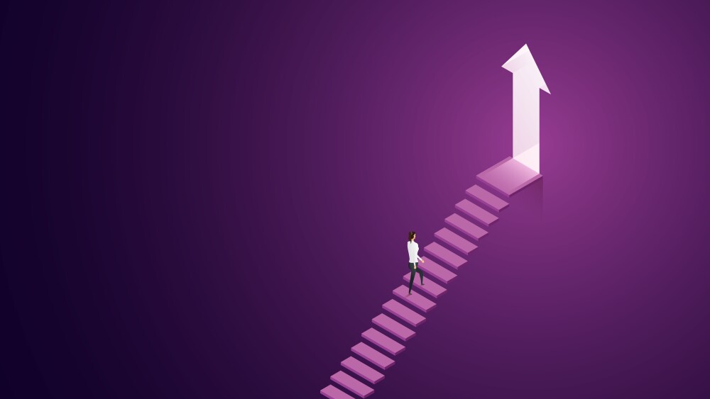 Progress success promotion and career growth Goal achievement, business woman walks up the stairs to the illuminated arrow. isometric vector illustration.